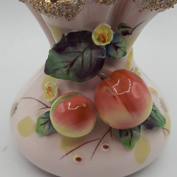 Vintage L'Amour Majolica Apples & Blossoms Pink Pinched Ruffled Top Vase Japan - Picture 5 of 9